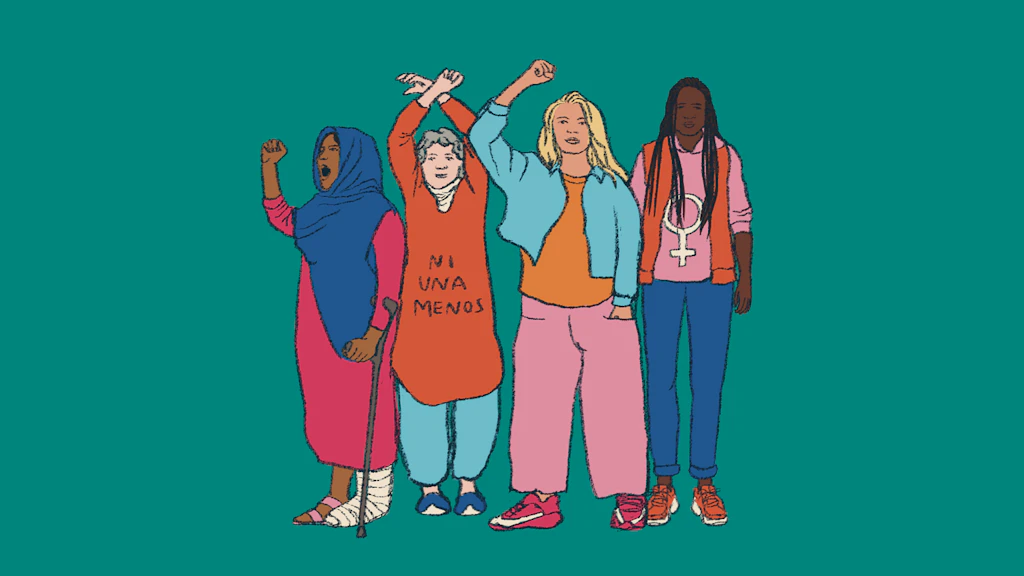 Vier Frauen demonstrieren gemeinsam für Frauenrechte.