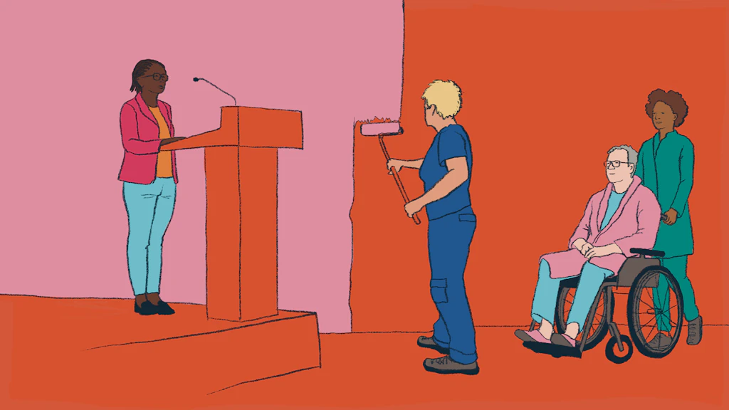 Frauen bei unterschiedlichen Tätigkeiten im Arbeitskontext. Eine Frau hält eine Rede, eine streicht eine Wand, eine schiebt einen Rollstuhl.