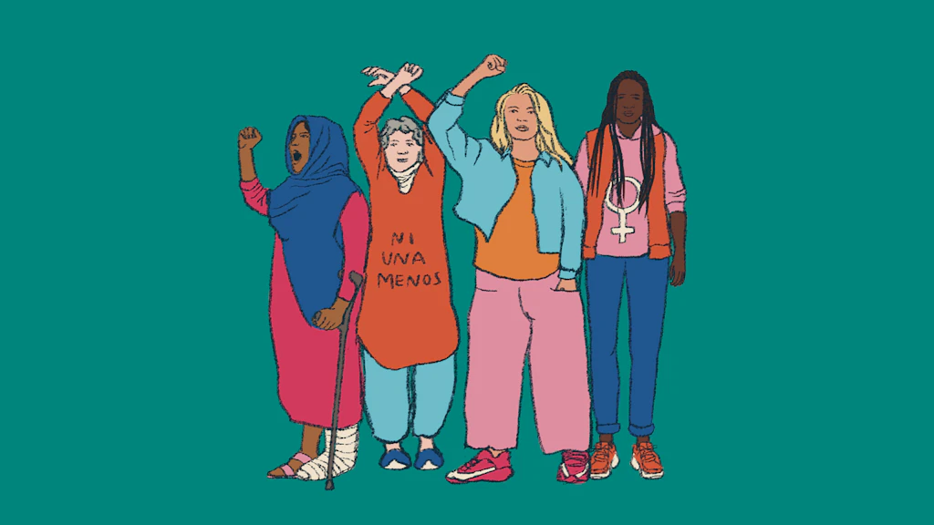 Quatre femmes manifestent ensemble pour les droits des femmes. 