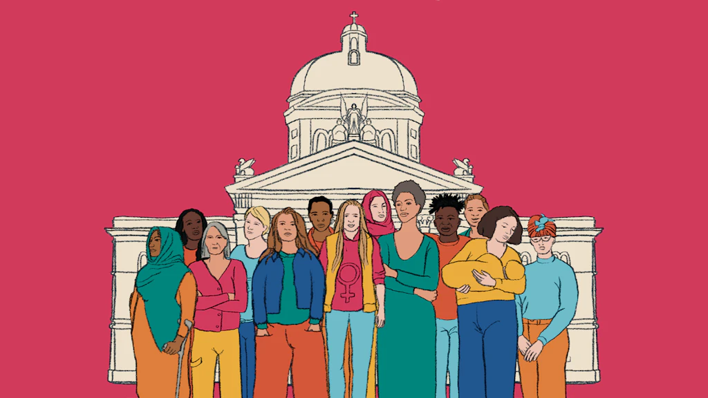 Un groupe diversifié de femmes se tient devant le Palais fédéral. 